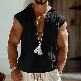 Men's Shirt Linen Shirt Viking Style Popover Shirt Summer Shirt Beach Wear Solid Color Vacation Home Black Navy Blue Sky Blue Green Sleeveless Hoodie Summer Sp