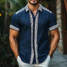 Men's Linen Shirt Summer Shirt Beach Wear Button Up Shirt Ethnic Shirt Vacation Street Black Navy Blue Gray Short Sleeve Turndown Summer Spring Clothing Appare