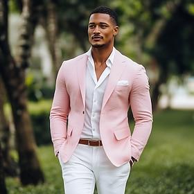 Men's Linen Blazer Sport Coat Notch Collar Fashion Casual Solid Colored Blazer Yellow Pink Sky Blue Standard Fit Single Breasted One-button