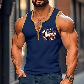 Men's Tank Top Vest Undershirt Sleeveless Shirt Sleeveless U Neck Summer Patchwork Independence Day Fashion Sporty Classic Zipper Street Casual Sports Black Wh
