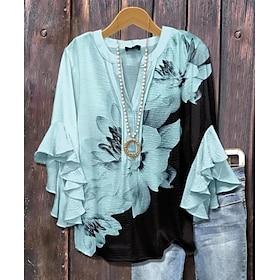 Women's Blouse Floral Graphic Elegant Bohemia Ethnic 3/4 Length Sleeve V Neck Regular Tops Daily Holiday Vacation Wear Ruffle Print White Blue Purple Brown Sum