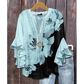 Women's Blouse Floral Graphic Elegant Bohemia Ethnic 3/4 Length Sleeve V Neck Regular Tops Daily Holiday Vacation Wear Ruffle Print White Blue Purple Brown Sum