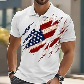 4th of July 2026 250th Men's American Flag Polo Short Sleeve Polo Shirts Collared Shirts Casual Outdoor Daily Wear 3D Print Summer Blue White Pink