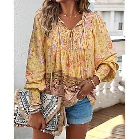Women's Boho Shirt Blouse Print Flower Modern Boho Long Sleeve V Neck Regular Tops Daily Going out Yellow Pink Navy Blue Orange Apricot Summer