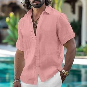Men's Shirt Linen Shirt Summer Shirt Button Down Shirt Casual Shirt Beach Shirt Solid Color Vacation Daily Black White Pink Blue Short Sleeve Collar Summer Clo