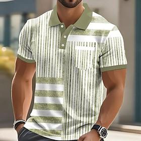 Men's Graphic Vertical Stripes Polo Short Sleeve Polo Shirts Collared Shirts Business Casual Outdoor Athleisure Daily Wear 3D Print Buttons Summer Blue Brown G