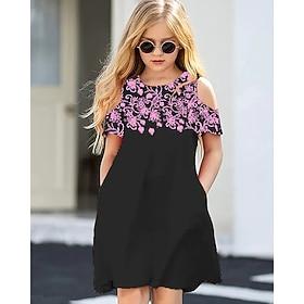 Girls' 3D Flower Dress Short Sleeve Summer Spring Vacation Daily Holiday Beautiful Sweet Kids 4-12 Years Casual Dress Knee-length Regular Fit
