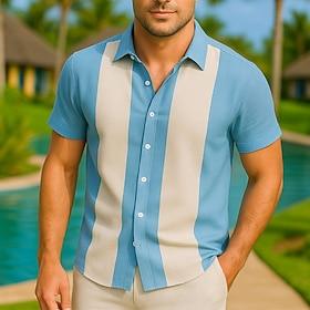 Men's Shirt Summer Shirt Bowling Shirt Button Up Shirt Wine Navy Blue Blue Short Sleeve Color Block Graphic Prints Turndown Hot Stamping Vacation Sports Print
