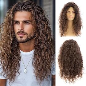 Mens Long Curly Brown Wig Synthetic Hair 70s 80s Rocker Cosplay Costume Halloween Party Wigs