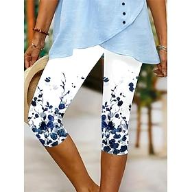 Women's Leggings Vacation Vintage Fashion Calf-Length High Waist Floral Graphic Leaf Printing Soft Breathable Stretchy Daily Outdoor Vacation Robin's Egg Blue