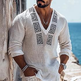 Men's Shirt Linen Shirt Popover Shirt Summer Shirt Beach Wear Ethnic Shirt Geometric Vacation Holiday White Long Sleeve V Neck Summer Spring Clothing Apparel
