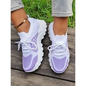 Women's Flyknit Athletic Shoes - Lightweight Breathable Sneakers with Purple Design, Lace-Up Closure, Perfect for Casual Wear and Outdoor Activities
