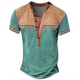 Men's Tribal Ethnic T Shirt Henley Shirt Tee Short Sleeve Designer Basic Ethnic Outdoor Casual Daily Summer Lake blue Black Light Green Dark Blue Light Blue He