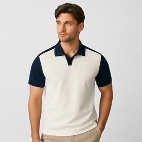 Men's 100% Cotton Polo Work Street Seagull collar Short Sleeve Vacation Vintage Solid Color Color Block Patchwork Color Block Summer Spring White Mint Green Po