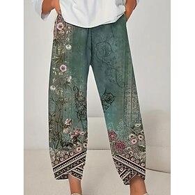 Women's Wide Leg Chinos Baggy Pants Beach Shorts Vacation Vintage Ethnic Style Ankle-Length High Waist Floral Graphic Printing Thermal Warm Soft Breathable Mic