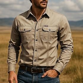 Men's Shirt Summer Shirt Casual Shirt Beach Shirt Button Up Shirt White Navy Blue khaki Gray Long Sleeve Plain Lapel Vacation Hawaiian Pocket Clothing Apparel
