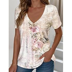 Women's T Shirt Print Floral Graphic Vintage Stylish Classic Short Sleeve V Neck Regular Tops Daily Blue Purple Green off-white Summer Spring
