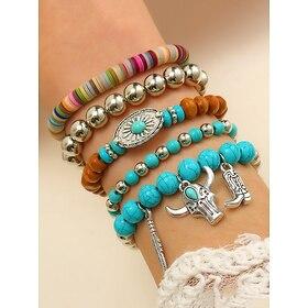 Women's Boho Western Charm Beaded Bracelet Set – Multilayer Stretch Stack with Turquoise, Wood Beads Cowboy Boot, Feather, Bull Skull Charms – Festival, Casua