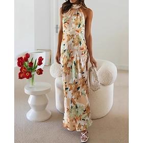 Women's Long Dress Maxi Dress Floral Dress Halter Neck Dress Fashion Modern Vacation Going out Weekend Regular Fit Flower Sleeveless Halter Neck Yellow Pink Gr