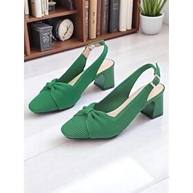 Women's Green Slingback Heels with Bow Detail – Breathable Flyknit Low Block Heels for Spring Commute, Office and Casual Chic Outfits