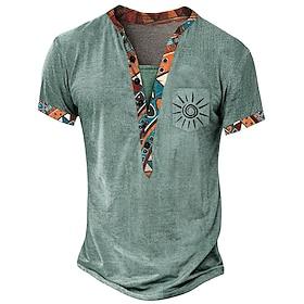 Men's Tribal Ethnic T Shirt Henley Shirt Tee Short Sleeve Designer Basic Ethnic Outdoor Casual Daily Summer Brown Light Green Khaki Henley Henley T-Shirt