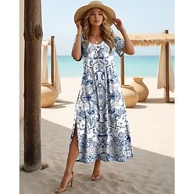 Women's Midi Dress Blue and White Flowers Vacation Sundress A Line Dress Vacation Casual Boho Butterfly Sleeve Beach Regular Fit Graphic Tribal Short Sleeve Cr