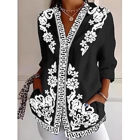 Women's Shirt Linen Like Breathable Lightweight Button Down Tunic Shirt Collar Long Sleeve Floral Graphic Geometric Casual Work Daily Holiday s Print Denim Blu