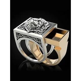 Men's statement lion head ring with pull-out detail and square design, Fashion statement jewelry for casual and formal occasions
