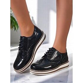 Women's Patent Leather Wingtip Oxford Platform Shoes – Classic Brogue Lace-Up Flats for Adult Women, Ideal for Office Work, Business Meetings, Walking Commute