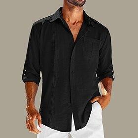 Men's Shirt Plain Vacation Hawaiian Black White Blue Khaki Long Sleeve Lapel Spring  Summer Clothing Apparel Pocket
