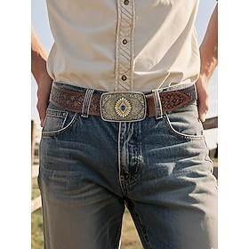 Men's Western Tooled Faux Leather Belt with Vintage Engraved Buckle and Blue Gem, Cowboy Style for Rodeo, Outdoor Events and Casual Wear