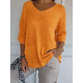 Women's Sweater Pullover Daily Stylish Casual Solid Color Ribbed V Neck Knitted 3/4 Length Sleeve Regular Tops Knit Outdoor Daily Yellow Army Green Summer Spri