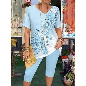 Women's Fashion T Shirt Shorts Sets Short Sleeve V Neck Floral Graphic Print Casual Daily Pink Blue Purple Summer Regular Fit