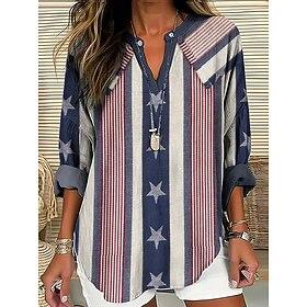 Independence Day Women's Patriotic Fourth of July Blouse Graphic Flag Vintage Tropical Hawaiian Long Sleeve V Neck Regular Tops Daily Holiday Beach Wear Print