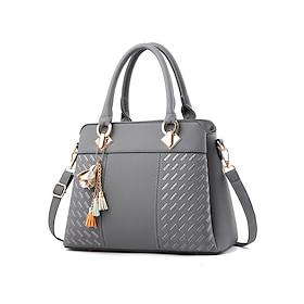 Women's Faux Leather Handbag with Tassel Charm and Textured Panels – Elegant Structured Shoulder Tote Bag for Office Work and Business Travel