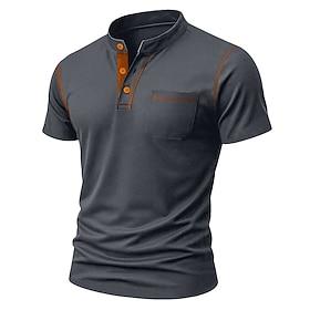Men's Henley Shirt Tee Short Sleeve Solid Color Plain Casual Pocket Buttons Contrast Stitching Henley Outdoor Casual Daily Summer Spring   Fall Black White Lig