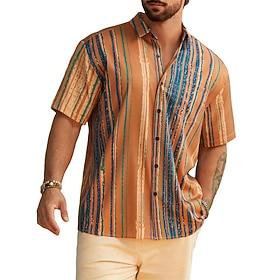 Men's Shirt Summer Shirt Casual Shirt Beach Shirt Button Up Shirt Black Sky Blue Orange Light Blue Short Sleeve Stripes Lapel Vacation Hawaiian Clothing Appare
