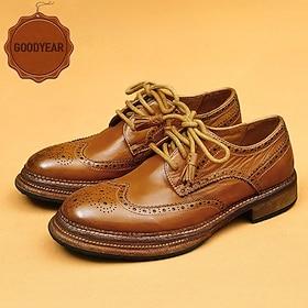 Men's Tan Leather Wingtip Brogue Shoes with Goodyear Welt and Lace-Up Design - Elegant and Comfortable Formal Shoes for Professional and Social Events