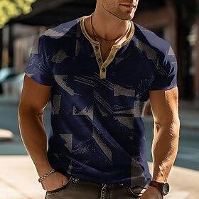 Men's Geometric Abstract T Shirt Henley Shirt Short Sleeve Designer Modern Henley Street Casual Daily Summer Spring Dark Blue Henley Henley T-Shirt
