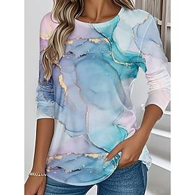 Women's T Shirt Graphic Marble Vintage Stylish Classic Long Sleeve Crew Neck Regular Tops Daily Weekend Print Blue Summer
