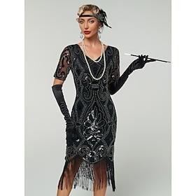Roaring 20s 1920s Midi Dress Flapper Dress Outfits Short Sleeves The Great Gatsby Wedding Guest Sequins Tassel Fringe V Neck Fancy Dress Women's Christmas Carn