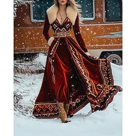 Women's Long Dress Maxi Dress Prom Dress Party Dress Classic Modern Outdoor Party Evening Party Regular Fit Flower Long Sleeve V Neck Red Summer