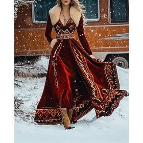 Women's Long Dress Maxi Dress Prom Dress Party Dress Classic Modern Outdoor Party Evening Party Regular Fit Flower Long Sleeve V Neck Red Summer