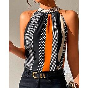 Women's T Shirt Tank Top Tee Top Polka Dot Striped Fashion Modern Sleeveless High Neck Regular Tops Daily Vacation Wear Purple Orange Green Summer