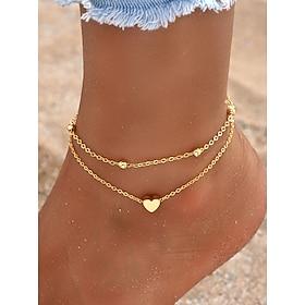 Women's Gold Heart Pendant Double Layer Anklet – Dainty Beach Foot Jewelry with Beaded Chain Design for Summer Outings and Vacation Wear