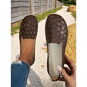 Women's Wide Width Slip-On Leather Flats β Floral Cutout Design, Soft Sole Comfort Loafers for Daily Wear, Farm Visits,Beer Festival Events and Garden Picnics