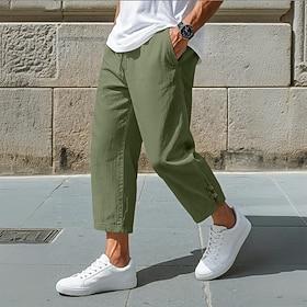 Men's Linen Pants Trousers Summer Pants Baggy Pants Cropped Pants Drawstring Elastic Waist Solid Color Plain Comfort Breathable Ankle-Length Casual Daily Holid