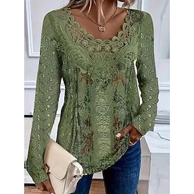 Women's Lace Splicing Top Floral Vintage Basic Casual Long Sleeve V Neck Regular Tops Daily Lace Patchwork Print Green Spring Prefall