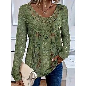 Women's Lace Splicing Top Floral Vintage Basic Casual Long Sleeve V Neck Regular Tops Daily Lace Patchwork Print Green  Spring Prefall