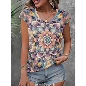 Women's T Shirt Ombre Graphic Rainbow Vintage Stylish Casual Short Sleeve V Neck Regular Tops Daily Going out Weekend Print Violet Summer Spring